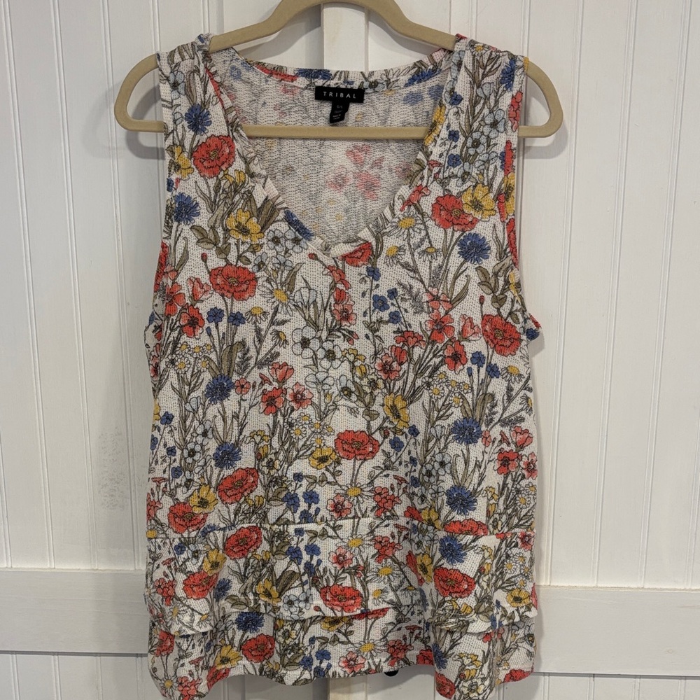 Tribal Wildflower Print Tank Top in White:Orange/blue w/layered bottom size L
